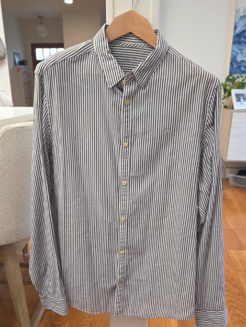 All Saints Men's "Elderwood" Gray & White Striped Button-Down Shirt (XL)